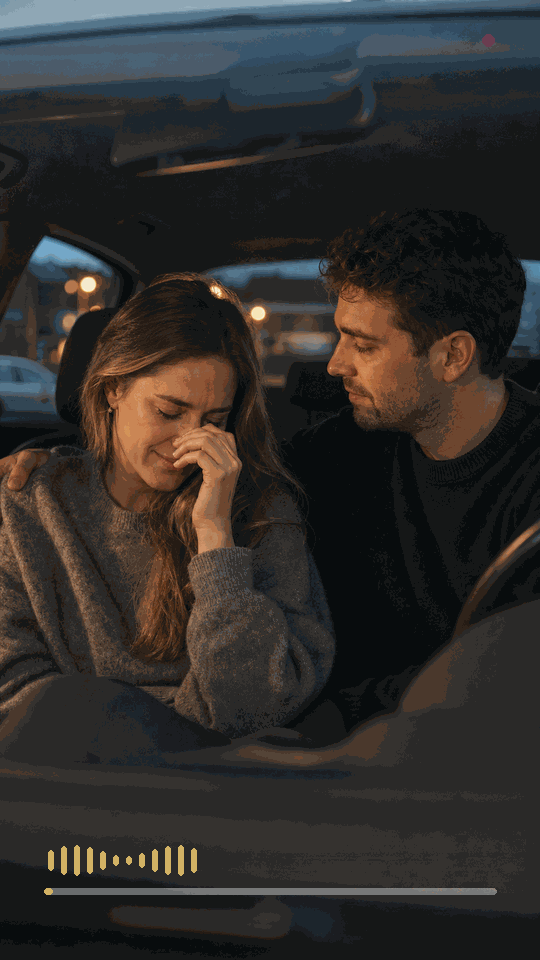 Stel luistert emotioneel naar een persoonlijk liedje in de auto
